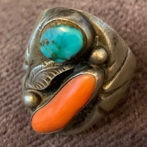Navajo Ring Turquoise Coral Applique’ Leaf Sz 7.5